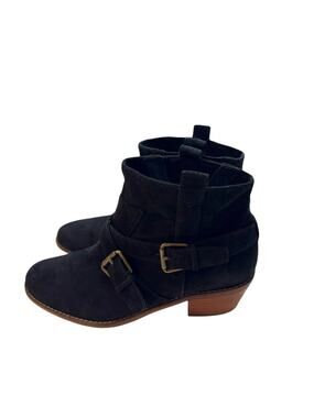 Cole Haan Grand.OS Black Suede Moto Ankle Booties Buckle Strap 2” Heel Women’s 6